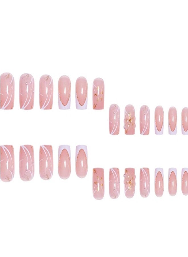 YoYoee Short Square Press on Nails French Fake Nails Acrylic Pearls False Nails Nude Full Cover Nails Tips for Women and Girls 24Pcs - Image 4